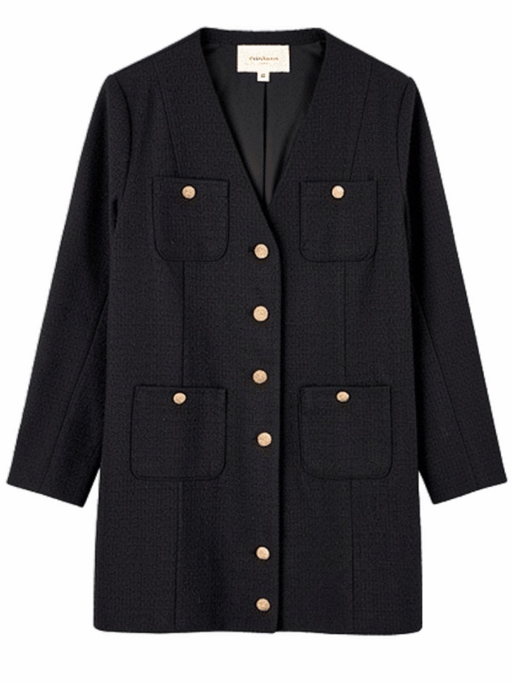 Classic Black Long Buttoned Tweed Dress